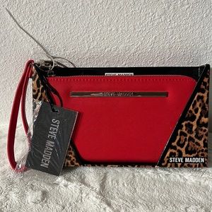 New Steve Madden red wallet with wrist strap with gold hardware.